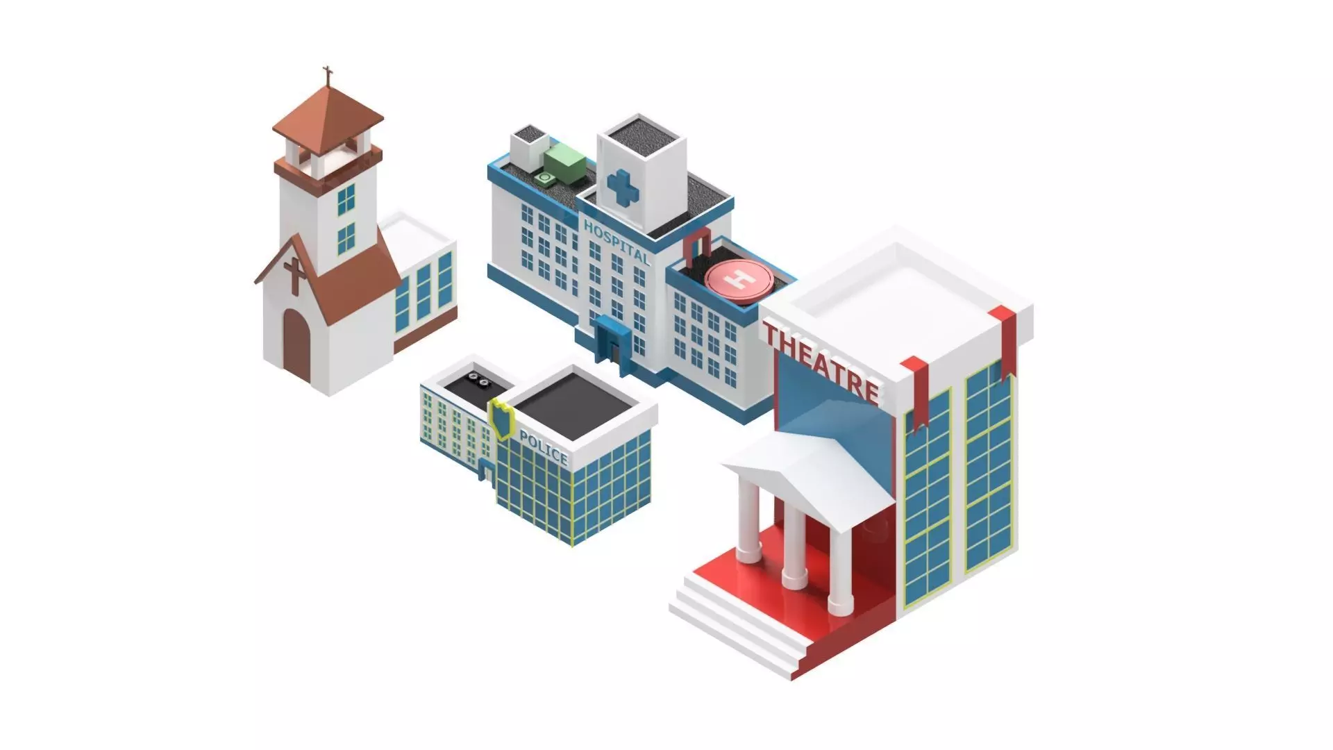 3D BUILDINGS set of and church Low-poly 3D model_0