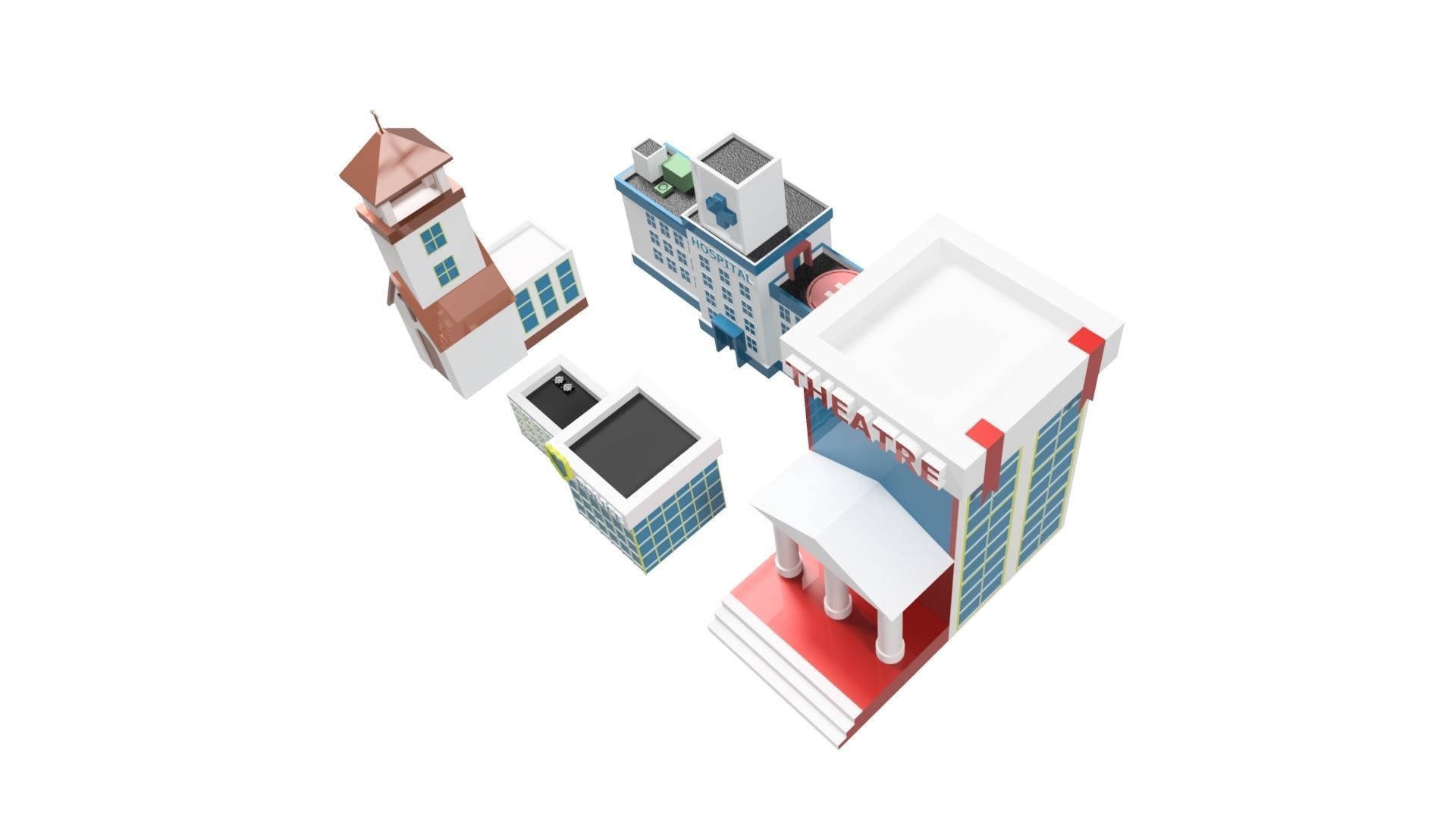 3D BUILDINGS set of and church Low-poly 3D model_2