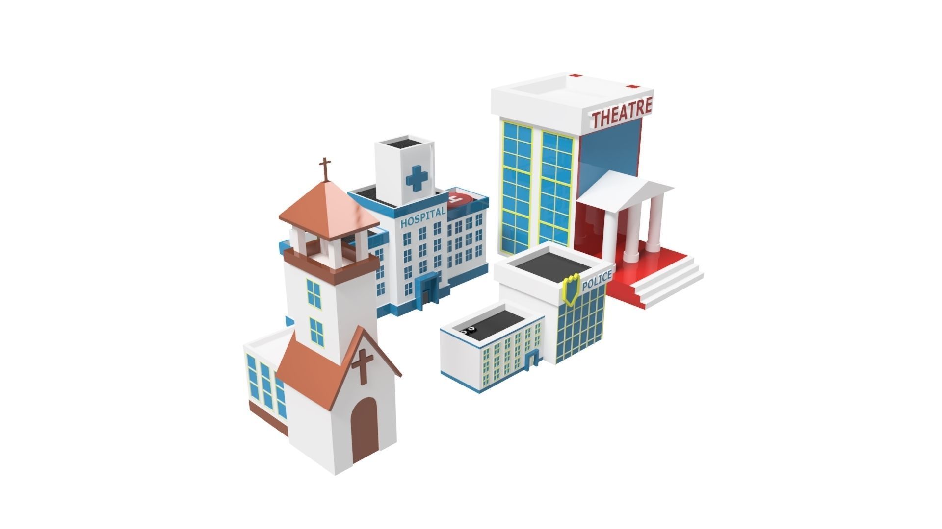 3D BUILDINGS set of and church Low-poly 3D model_1