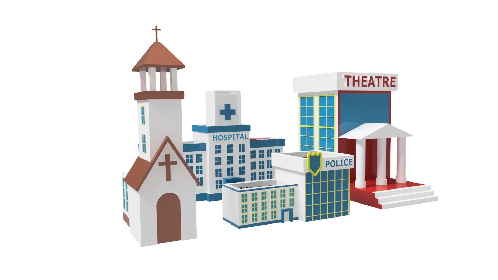 3D BUILDINGS set of and church Low-poly 3D model_3