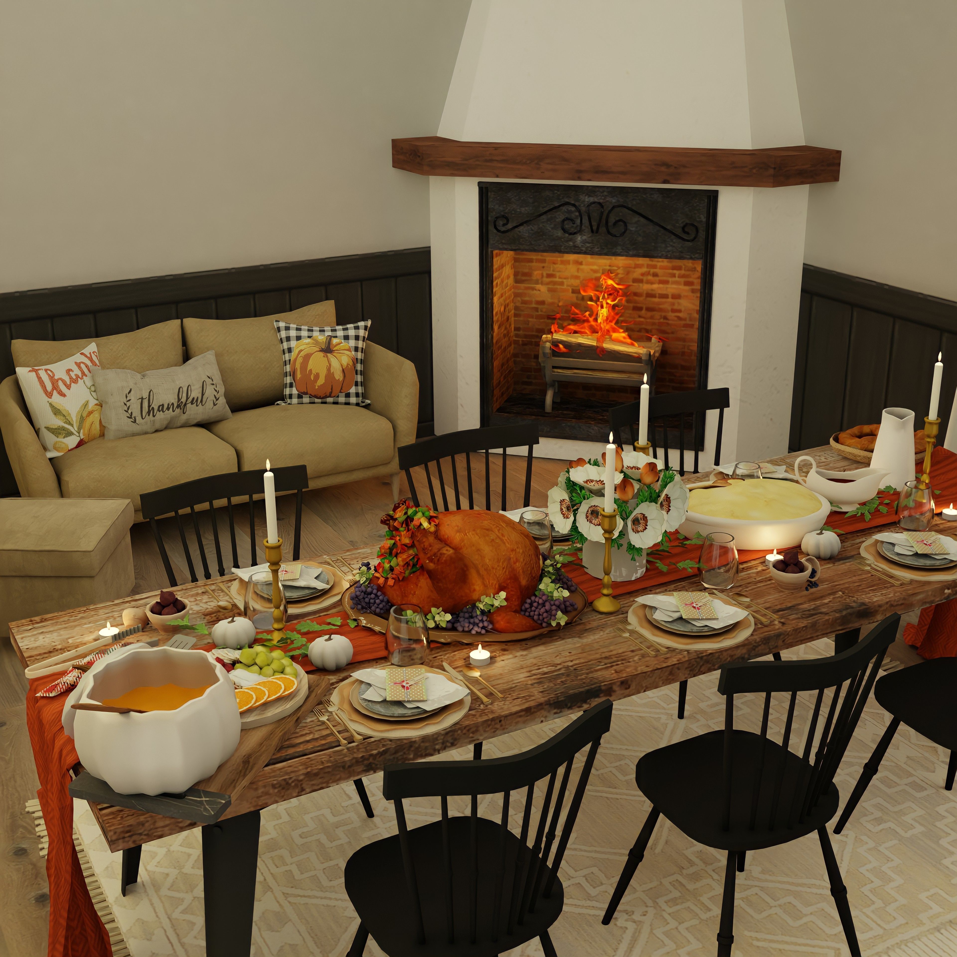 Thanksgiving Dinner Blender Scene - DAY and NIGHT Version Free 3D model_4