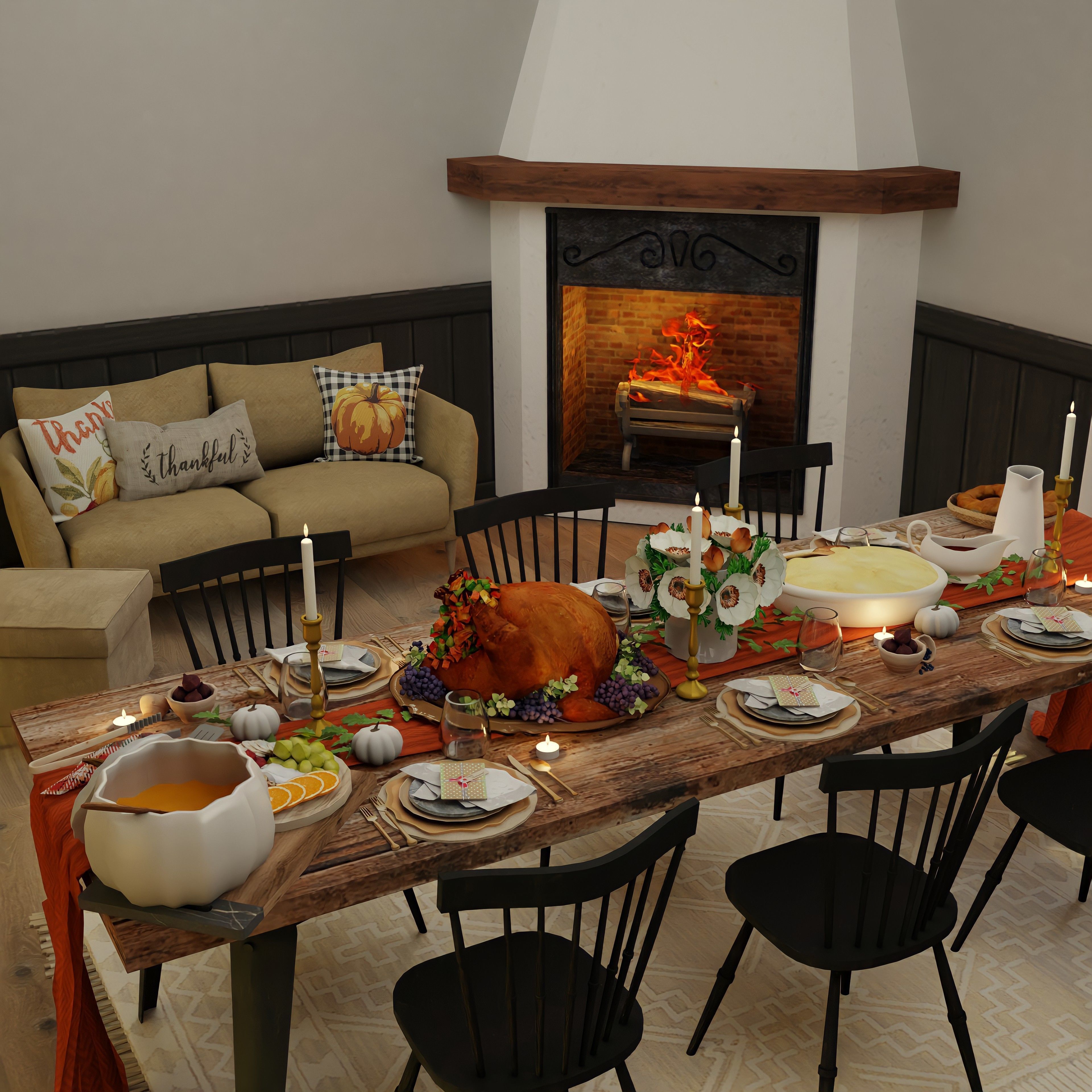 Thanksgiving Dinner Blender Scene - DAY and NIGHT Version Free 3D model_1