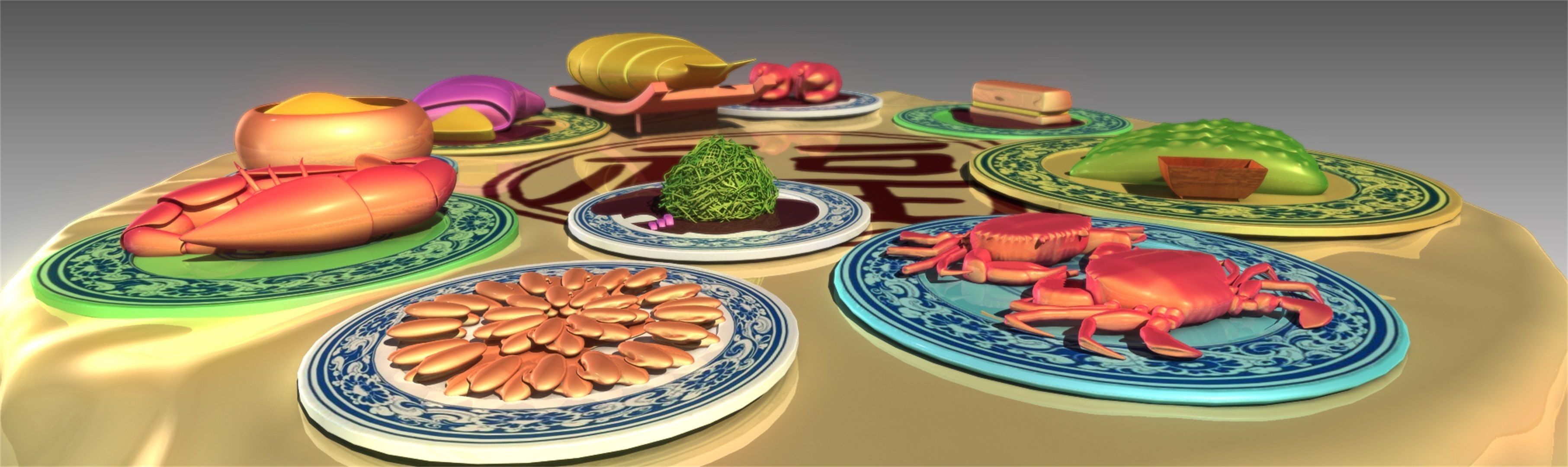 Chinese food Chinese food Table food fish lobster crab ham 3D model_1