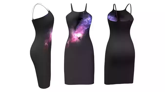 Galaxy Print Mid Skirt Black Dress With Spaghetti Straps