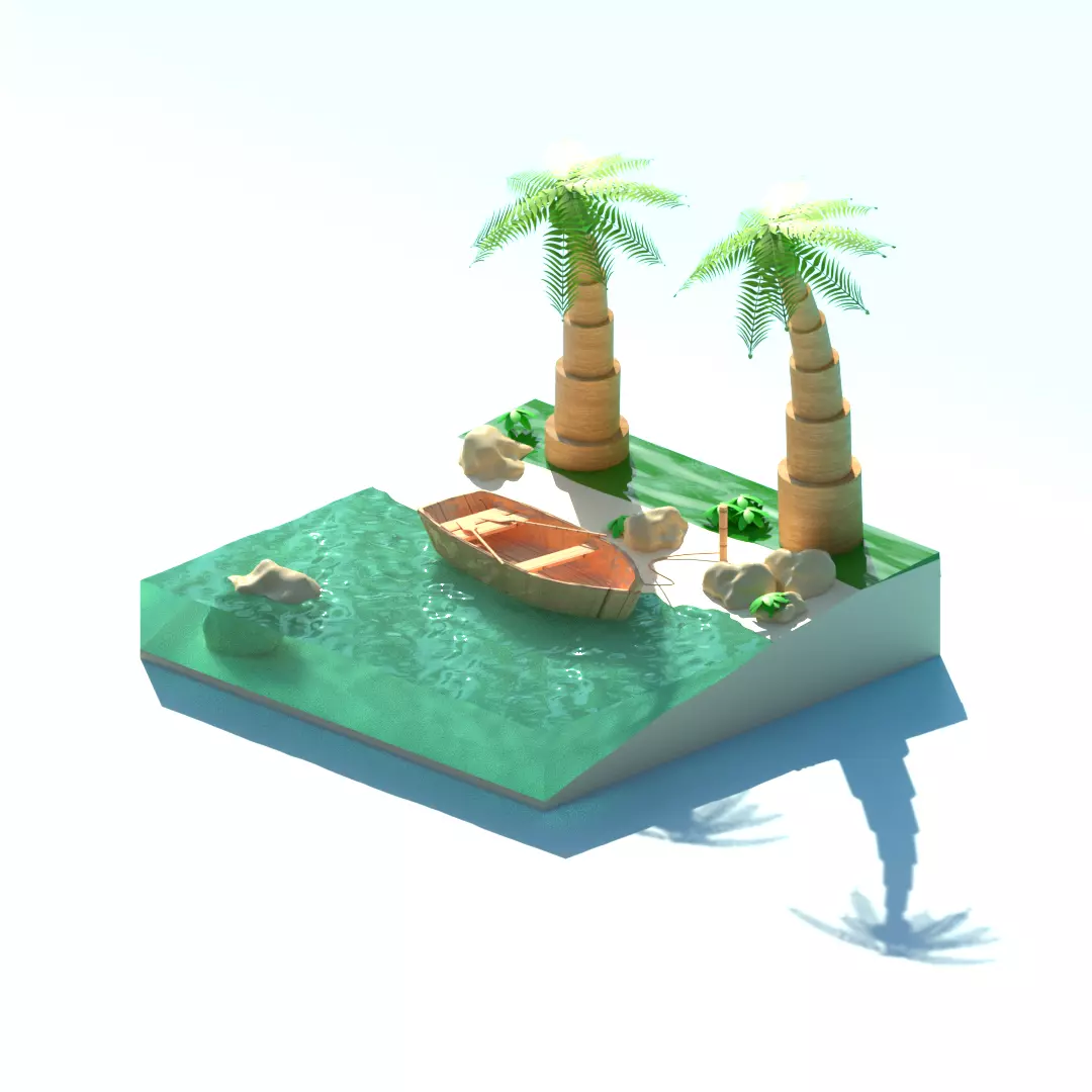 beach island with palm trees and boat 3D model_0