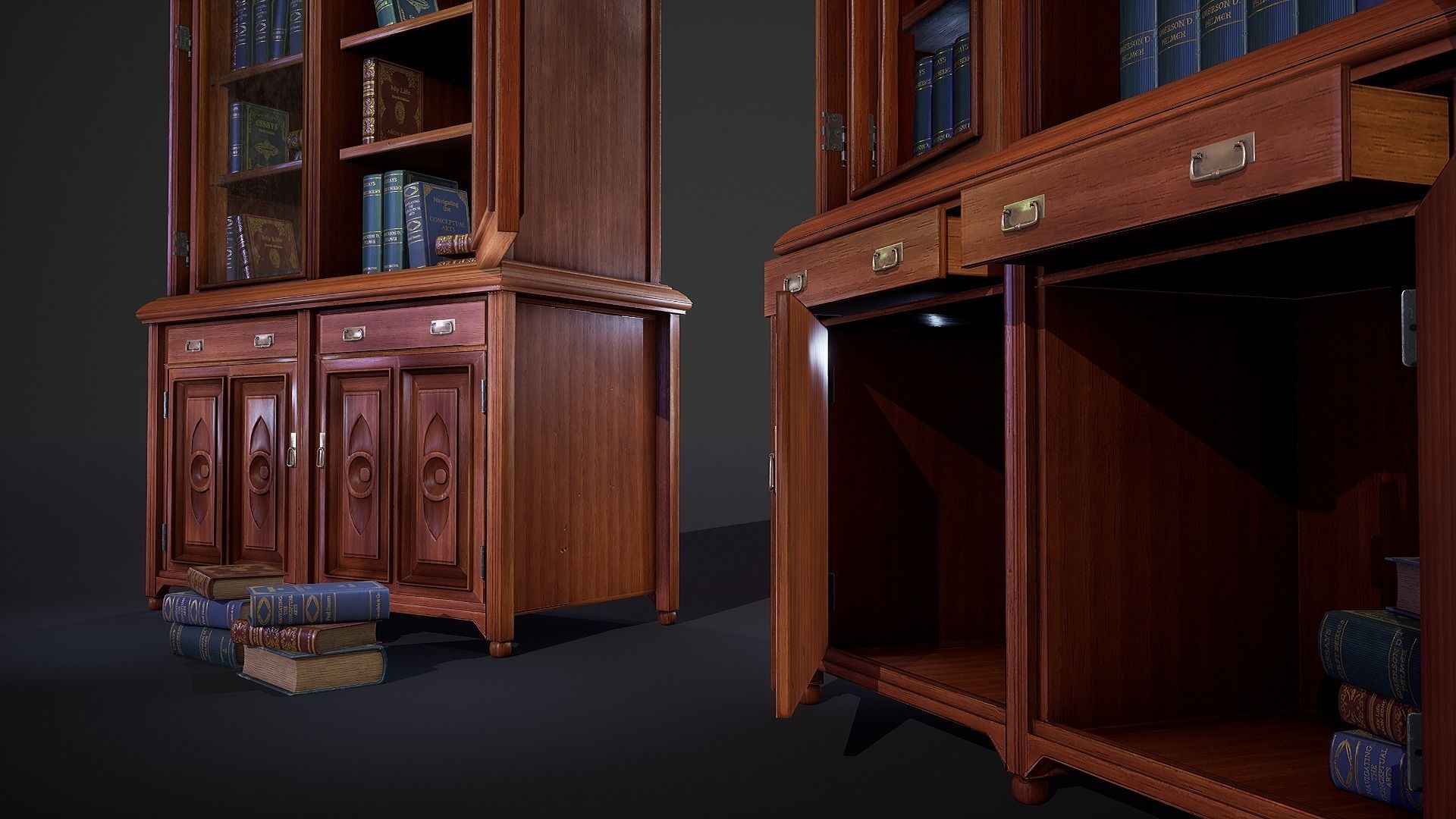 Victorian Bookcase Game-Ready Low-poly 3D model_4