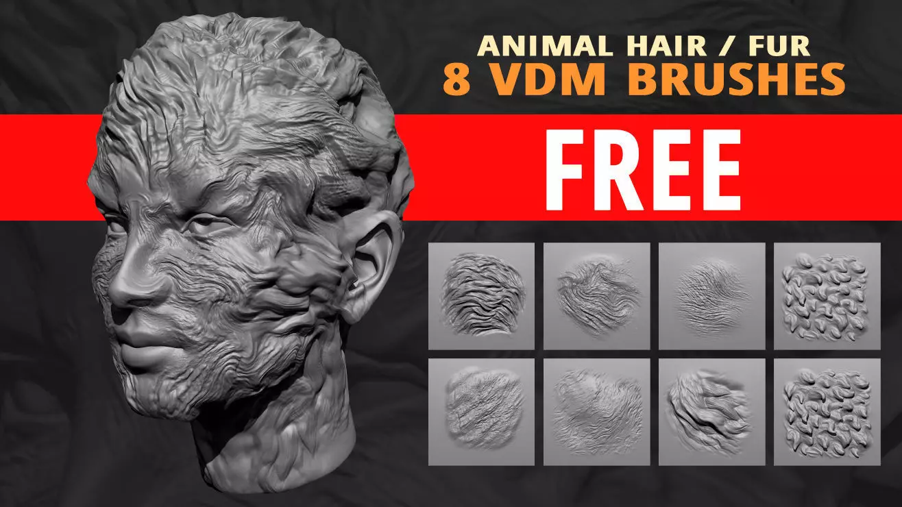 8 Animal or creature hair and fur VDM brush set for Zbrush Free 3D model