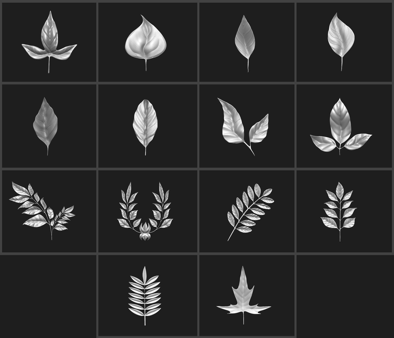 14 high-poly leafs and branches Zbrush IMM brush set 3D model_1