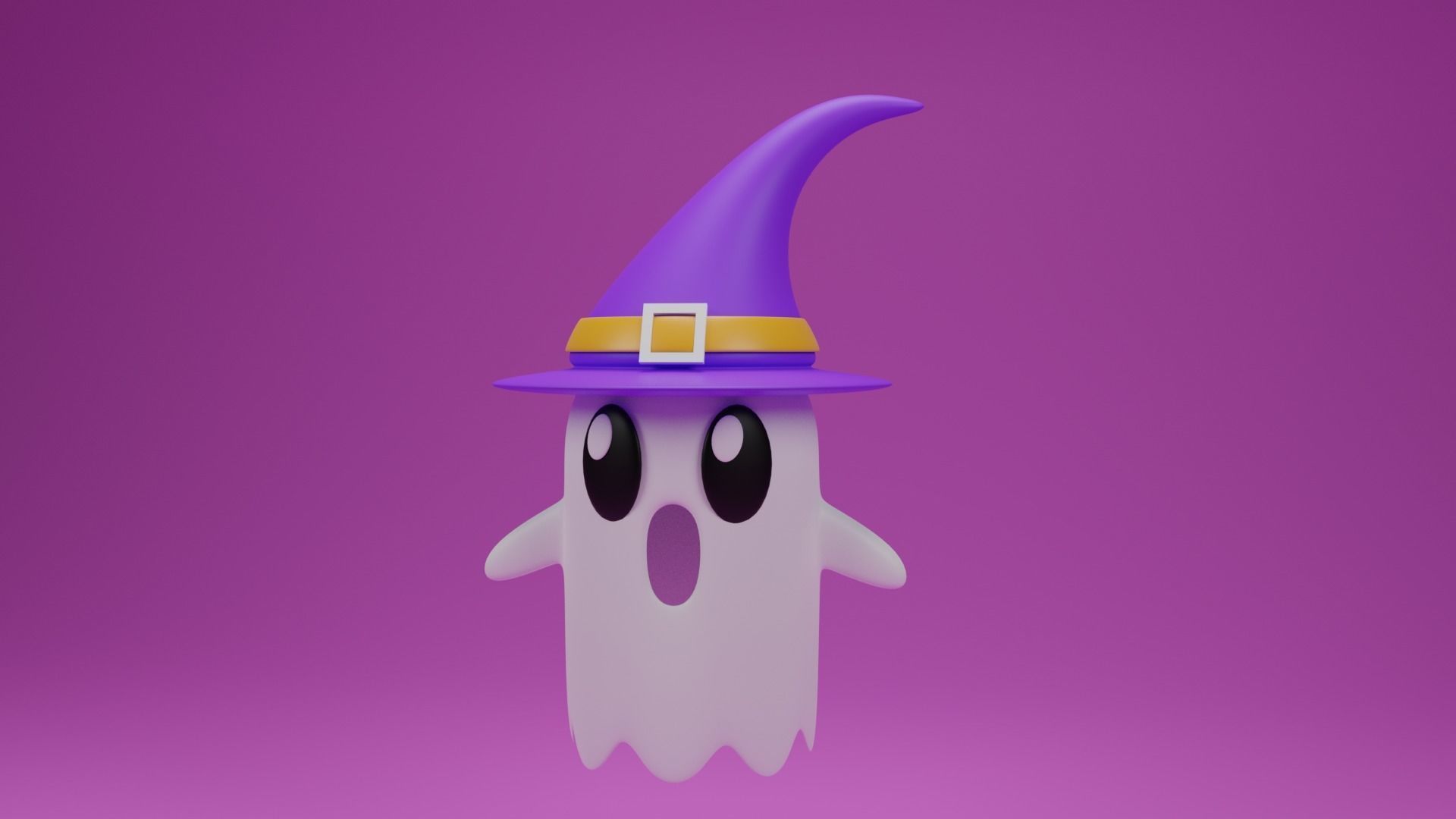 Cartoon Cute Ghost with Witch Hat 3D model_1