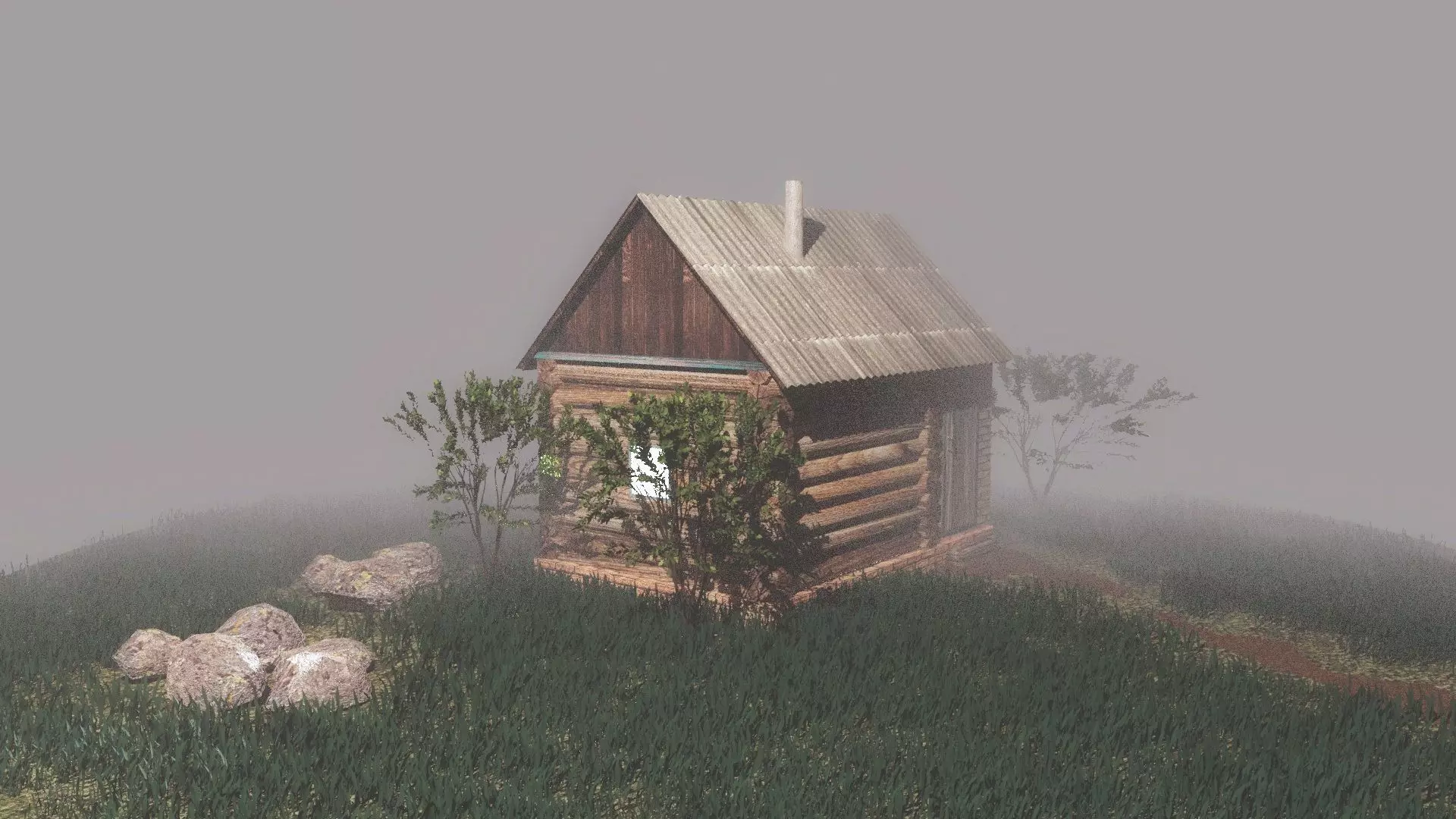 Bathhouse log cabin in middle of grassy field 3D model_0