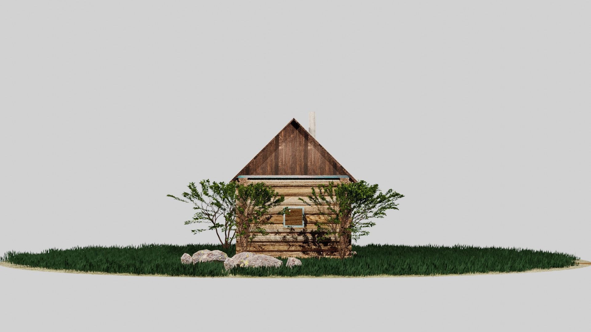 Bathhouse log cabin in middle of grassy field 3D model_4