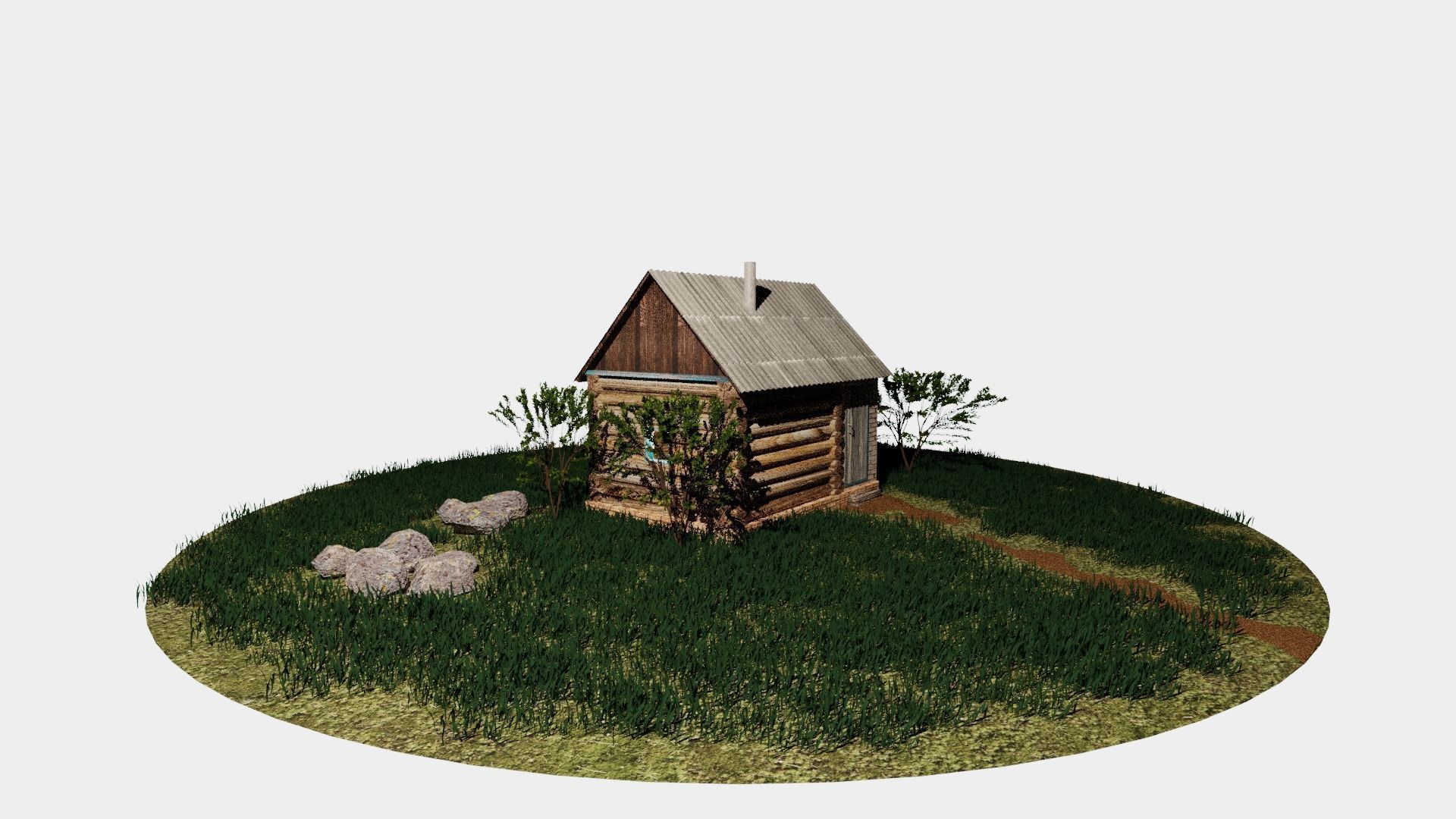 Bathhouse log cabin in middle of grassy field 3D model_2