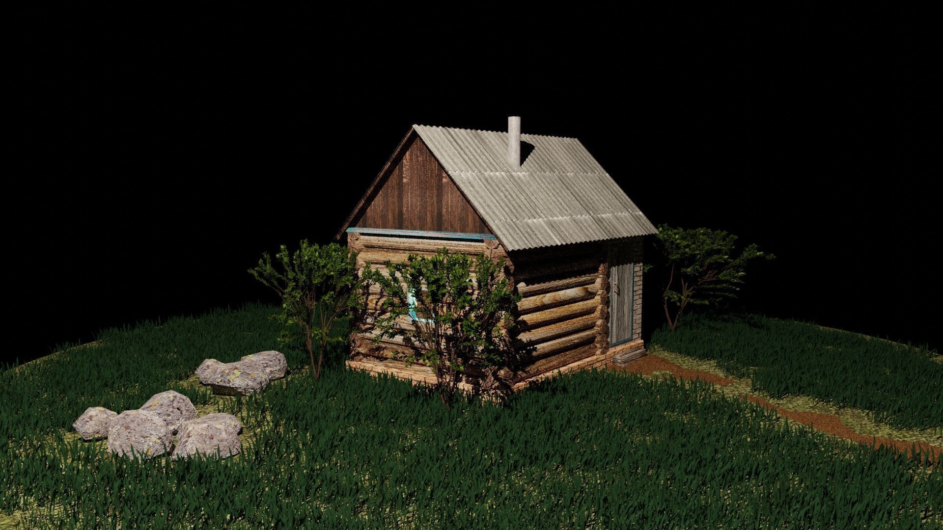Bathhouse log cabin in middle of grassy field 3D model_1