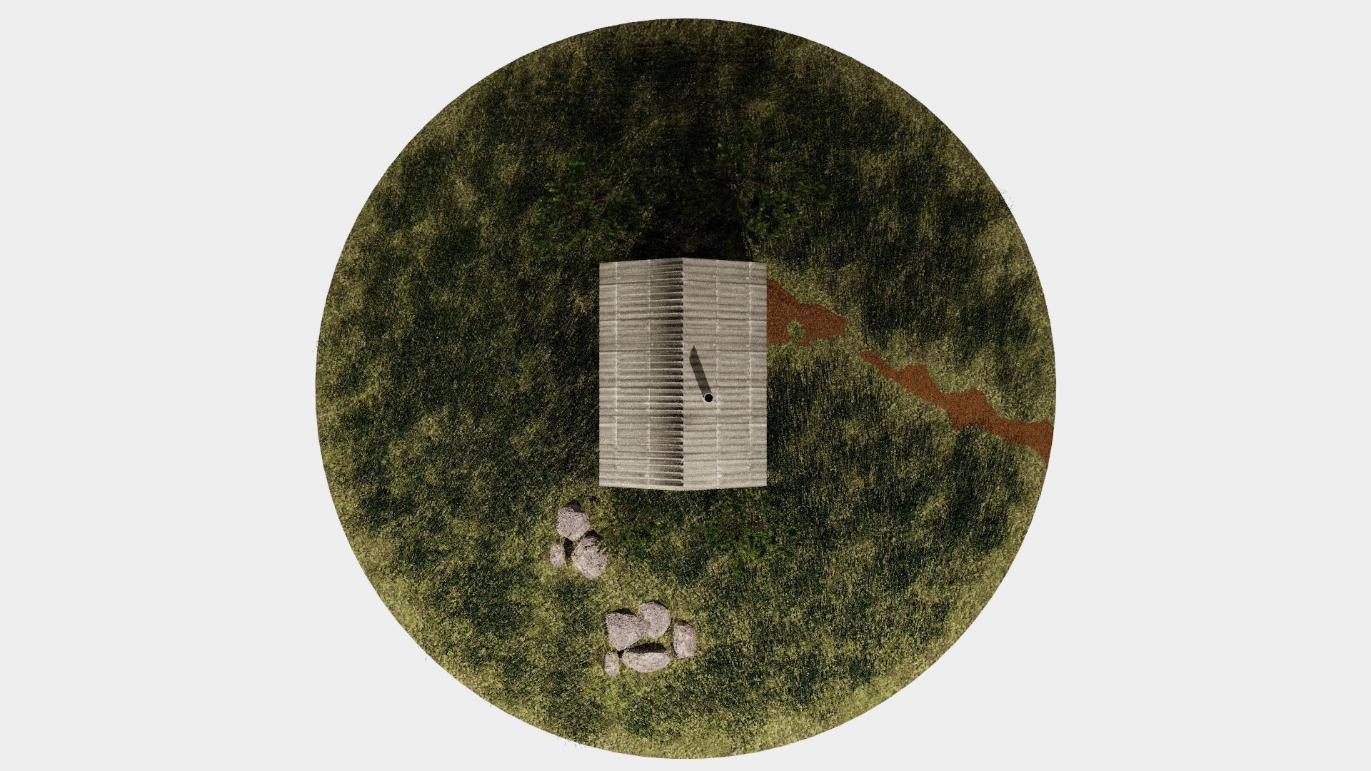 Bathhouse log cabin in middle of grassy field 3D model_3