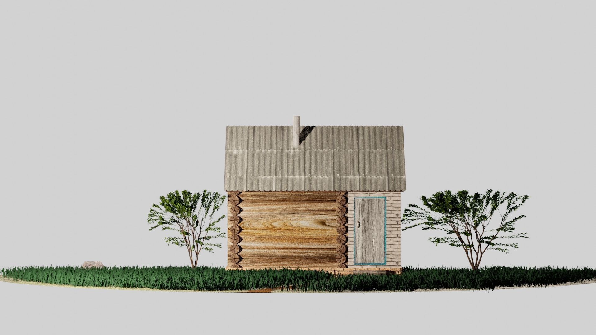 Bathhouse log cabin in middle of grassy field 3D model_5