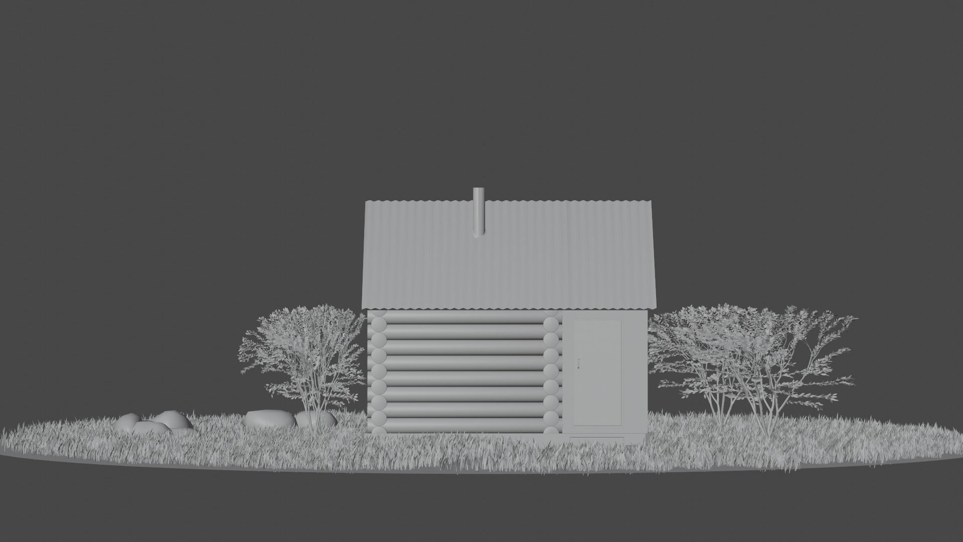 Bathhouse log cabin in middle of grassy field 3D model_6