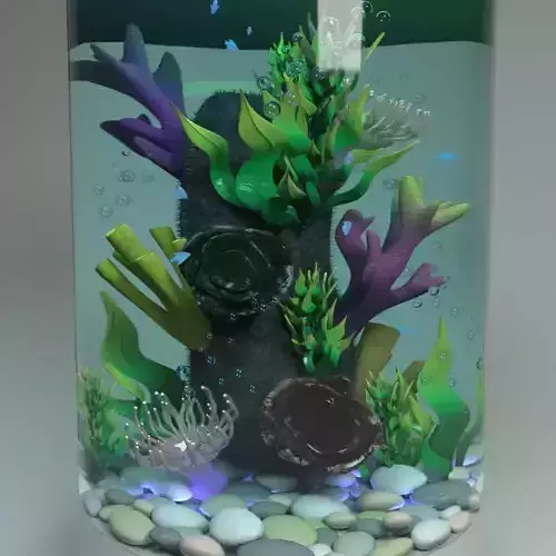 3D aquarium fish tank with plants and rocks