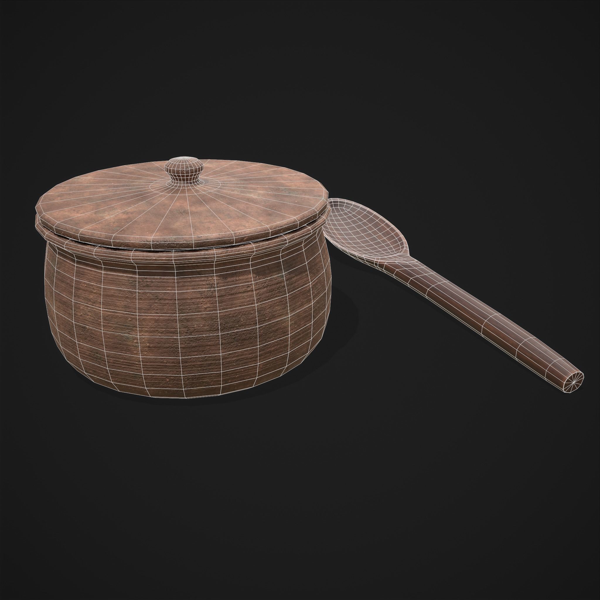 Clay Pot and Wood Spoon Low-poly 3D model_2