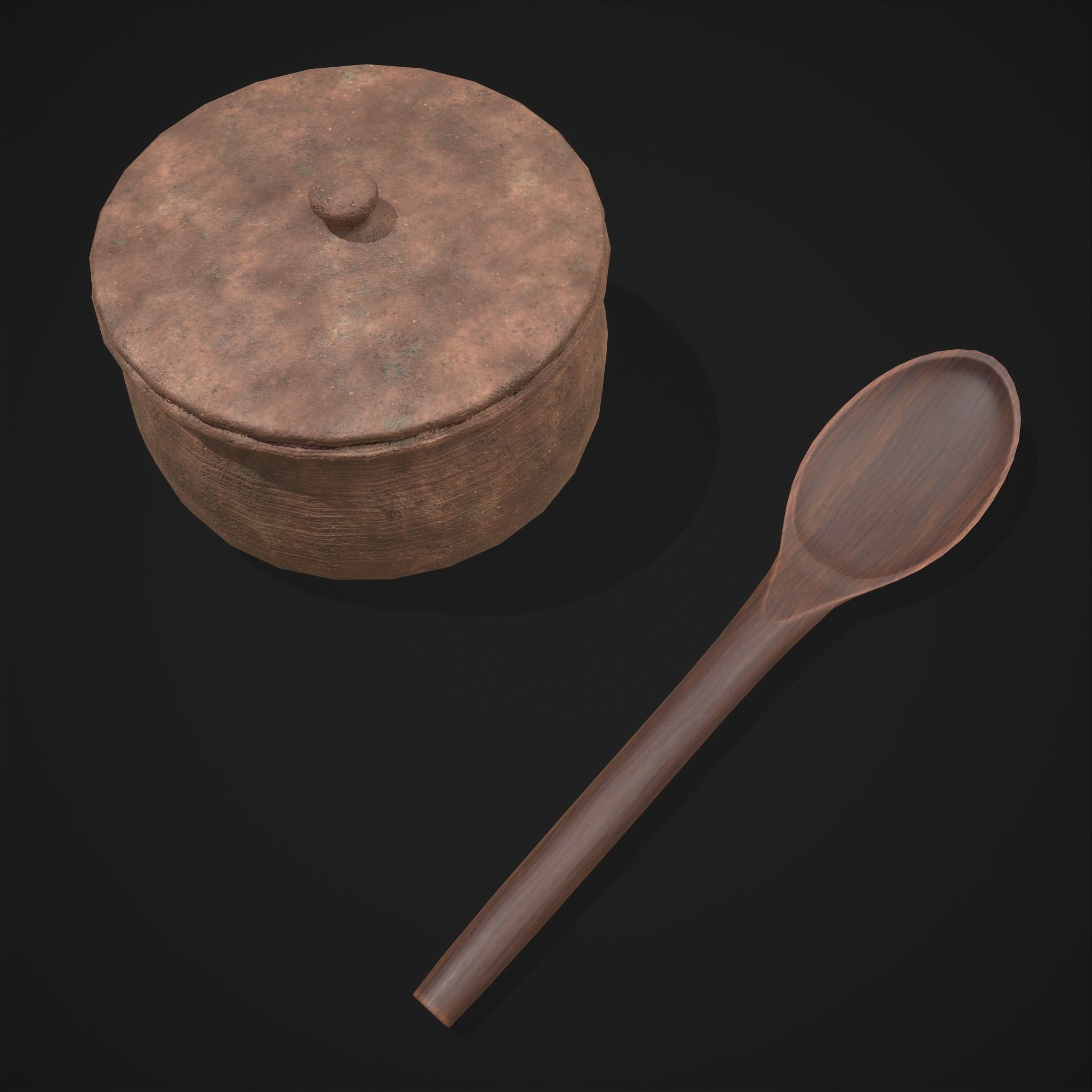 Clay Pot and Wood Spoon Low-poly 3D model_19