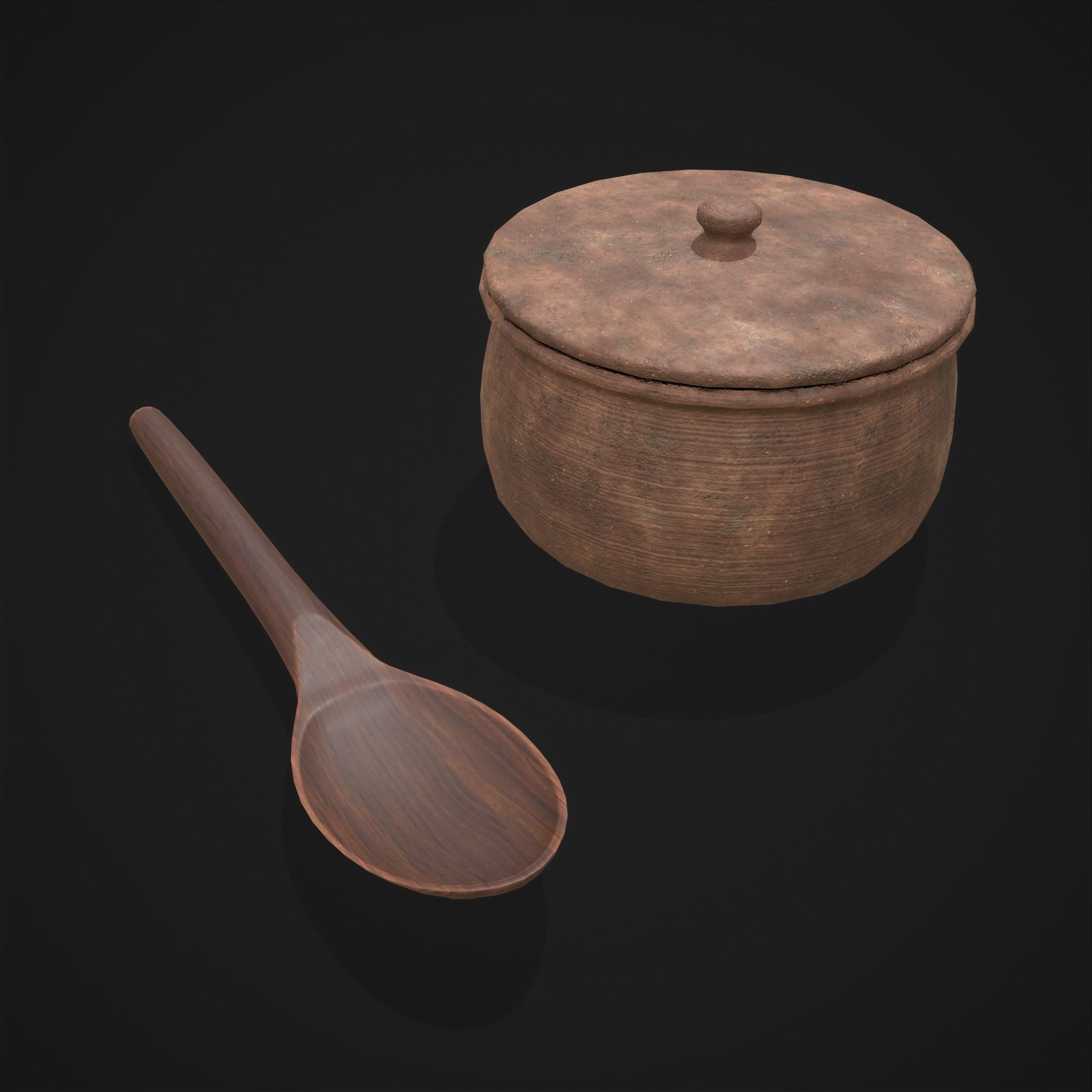 Clay Pot and Wood Spoon Low-poly 3D model_3