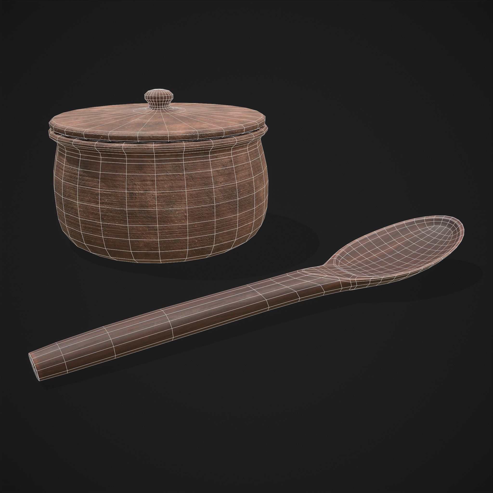 Clay Pot and Wood Spoon Low-poly 3D model_10