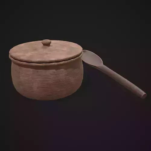 Clay Pot and Wood Spoon Low-poly 3D model