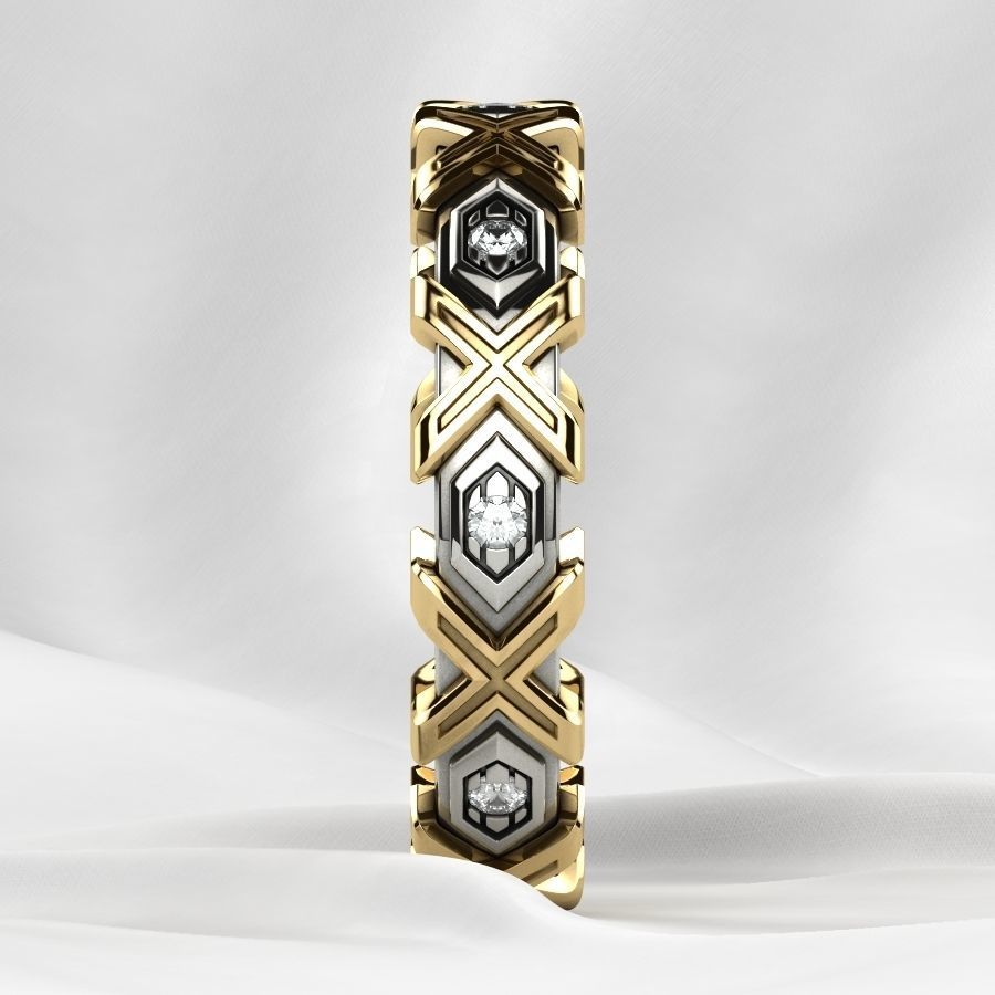 X Pattern Mixed Gold Mens Ring 3D print model_20