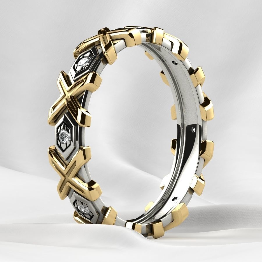 X Pattern Mixed Gold Mens Ring 3D print model_17