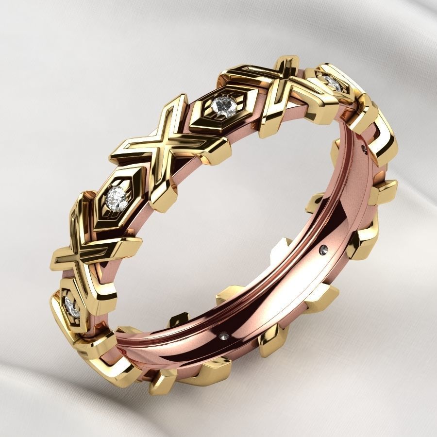 X Pattern Mixed Gold Mens Ring 3D print model_6