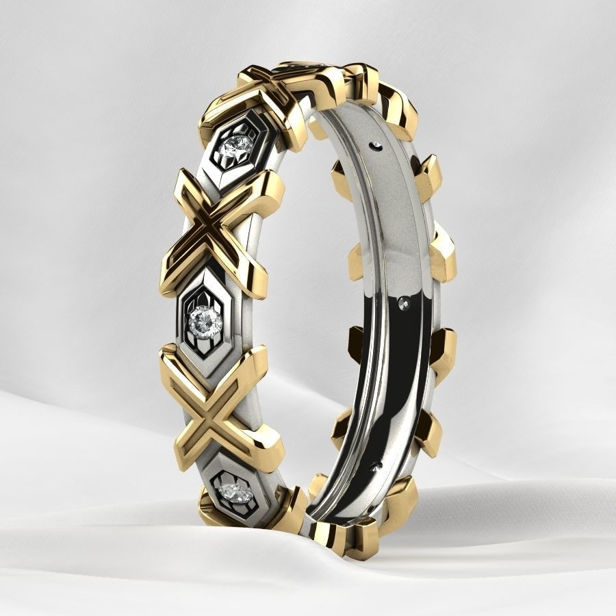 X Pattern Mixed Gold Mens Ring 3D print model_18
