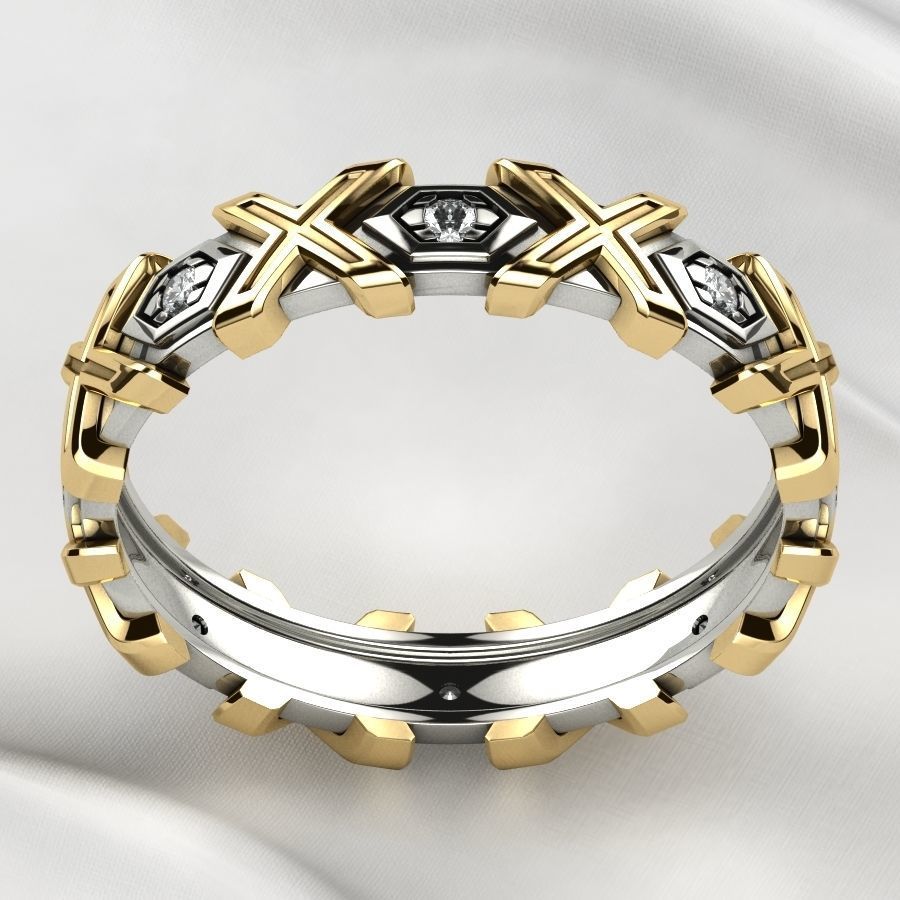 X Pattern Mixed Gold Mens Ring 3D print model_12