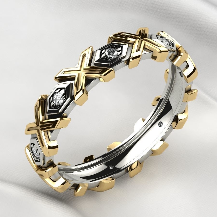 X Pattern Mixed Gold Mens Ring 3D print model_1