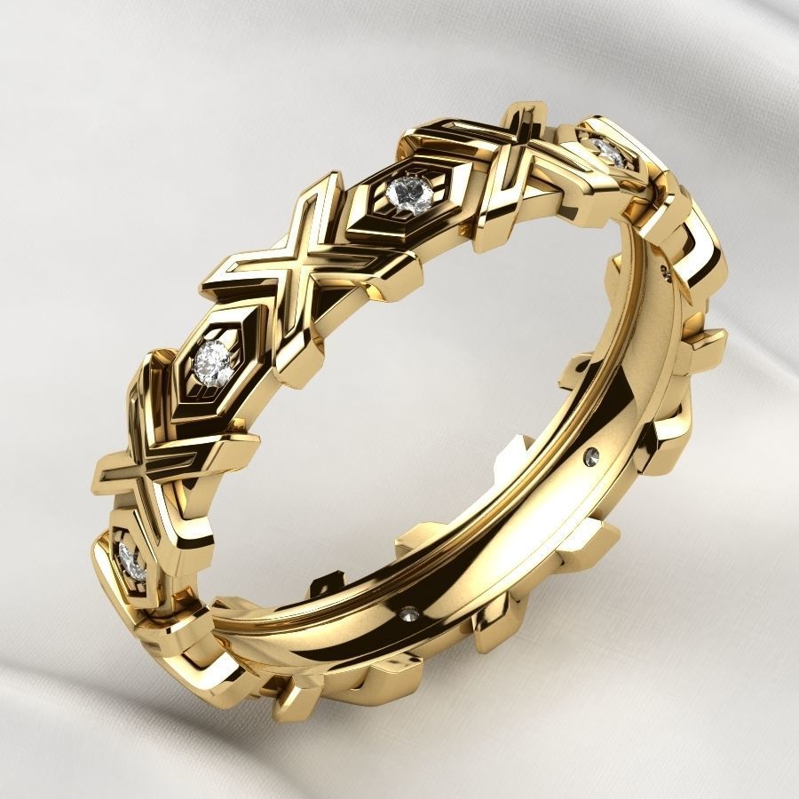 X Pattern Mixed Gold Mens Ring 3D print model_11