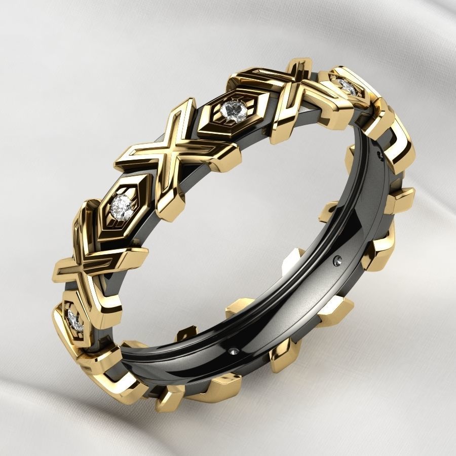 X Pattern Mixed Gold Mens Ring 3D print model_10