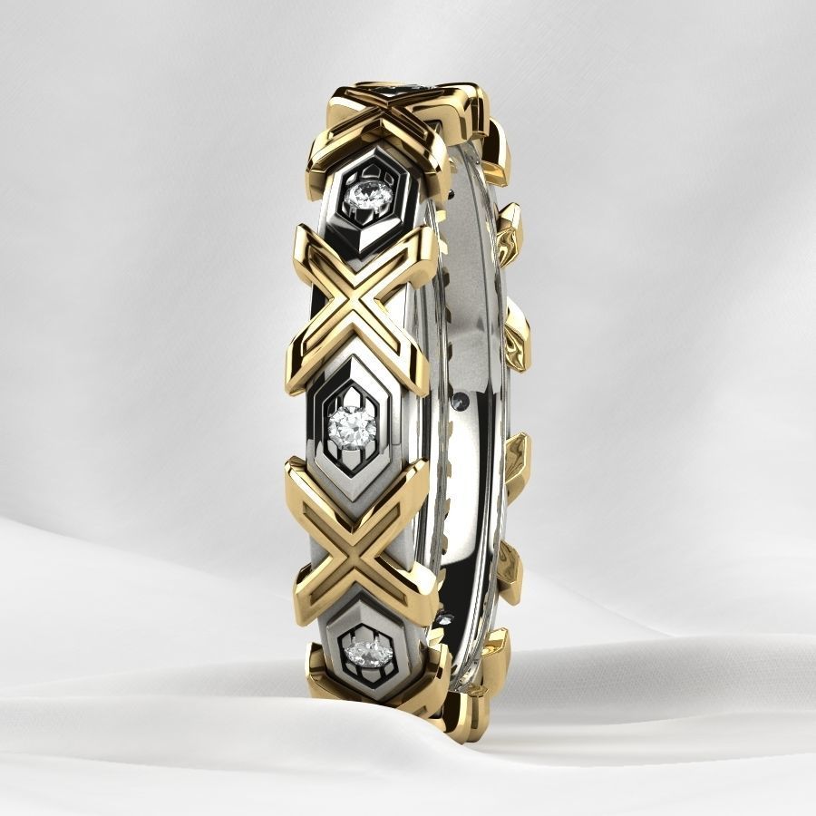 X Pattern Mixed Gold Mens Ring 3D print model_19