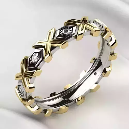 X Pattern Mixed Gold Mens Ring