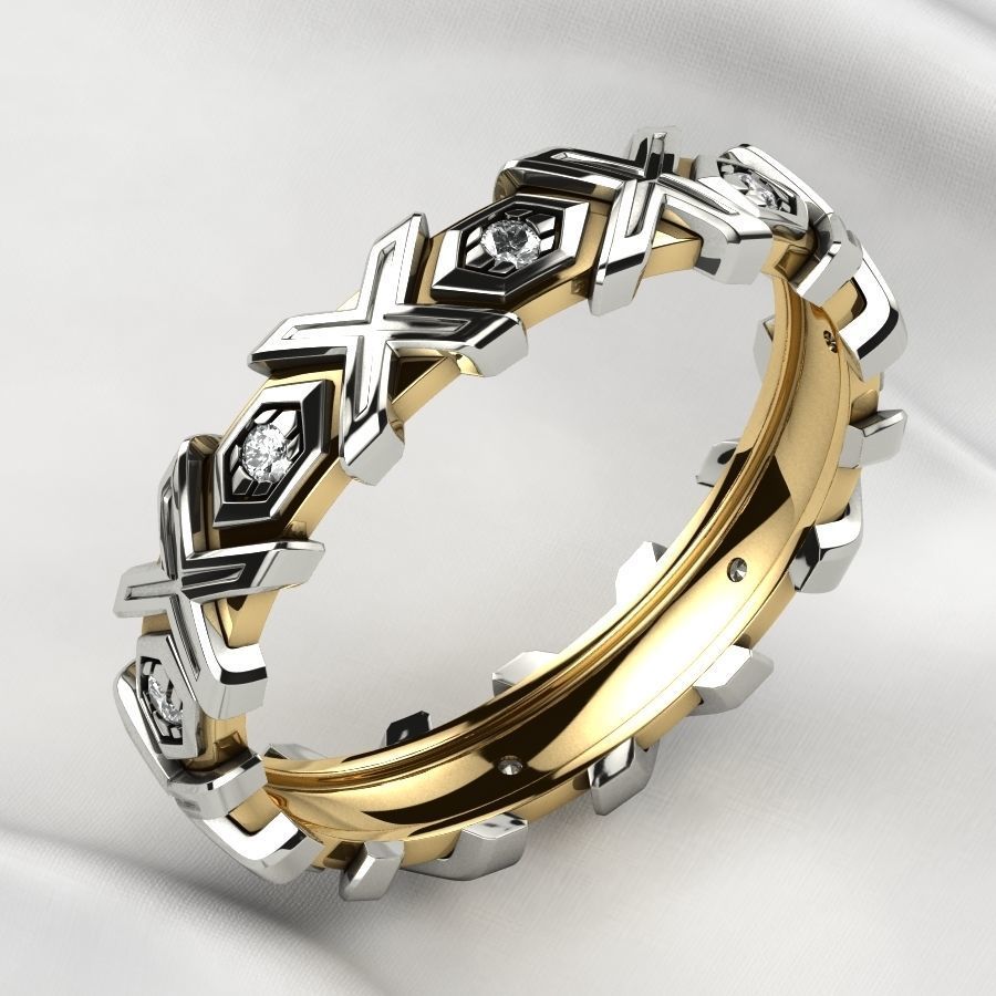 X Pattern Mixed Gold Mens Ring 3D print model_9