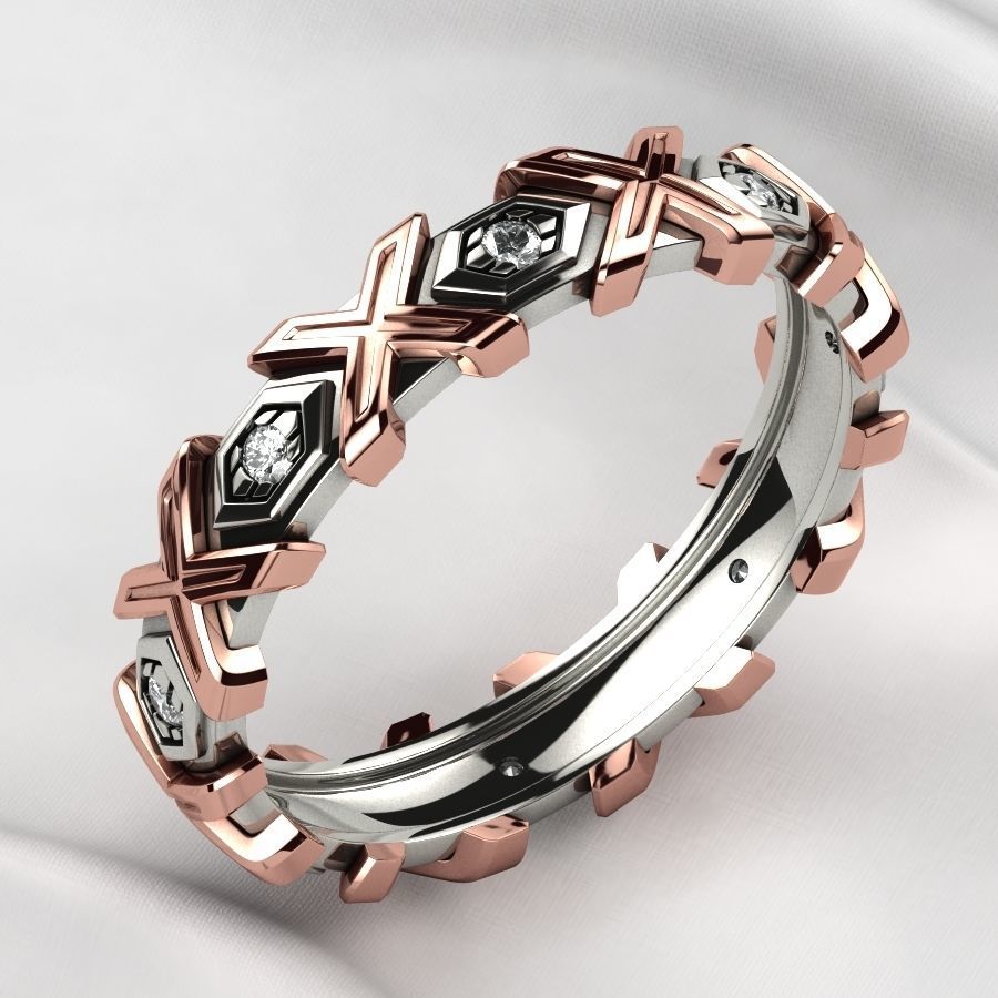 X Pattern Mixed Gold Mens Ring 3D print model_2