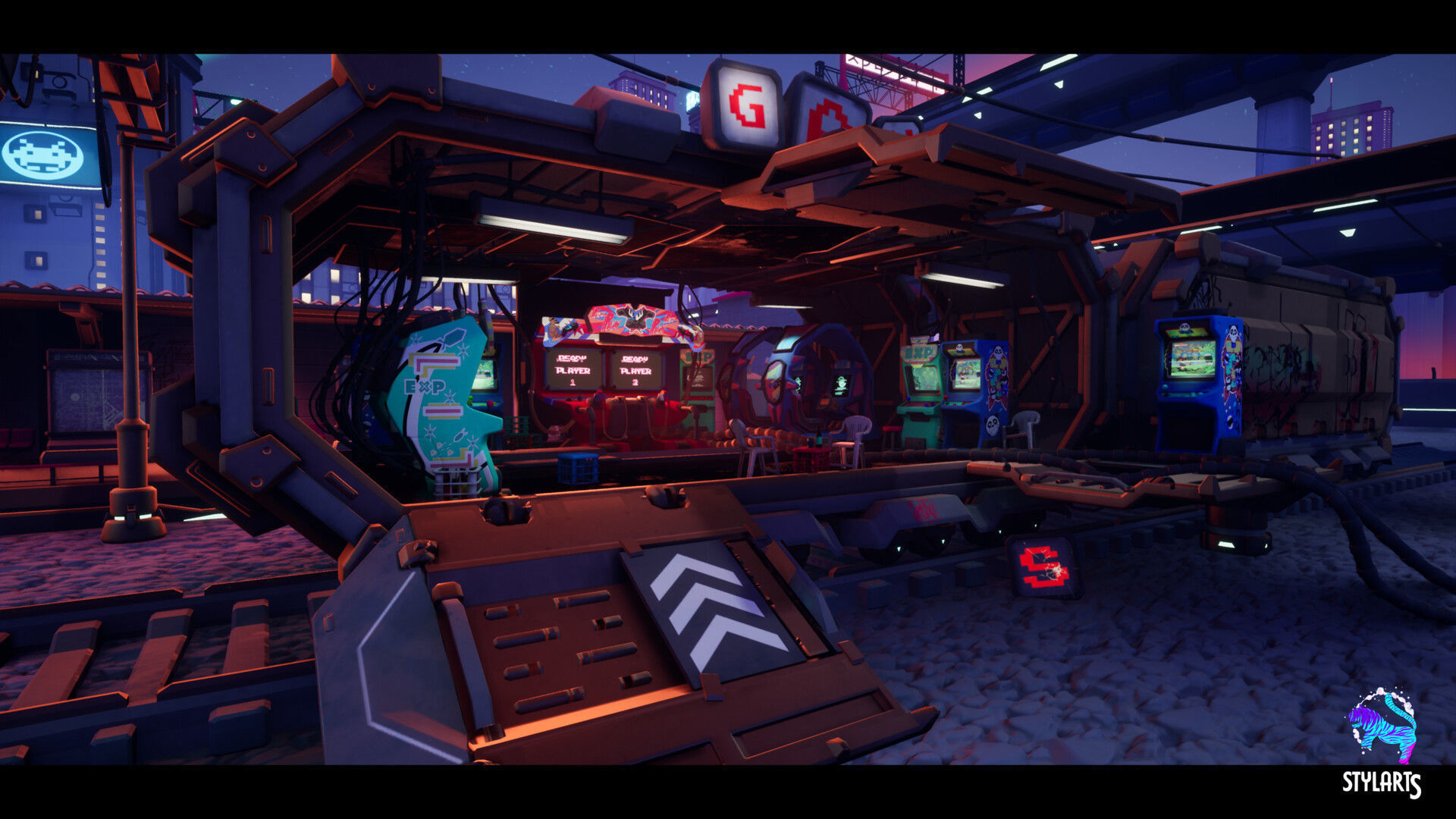 Stylized Cyberpunk Arcade Environment Low-poly 3D model_1