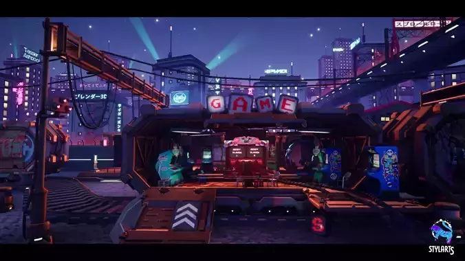 Stylized Cyberpunk Arcade Environment Low-poly 3D model