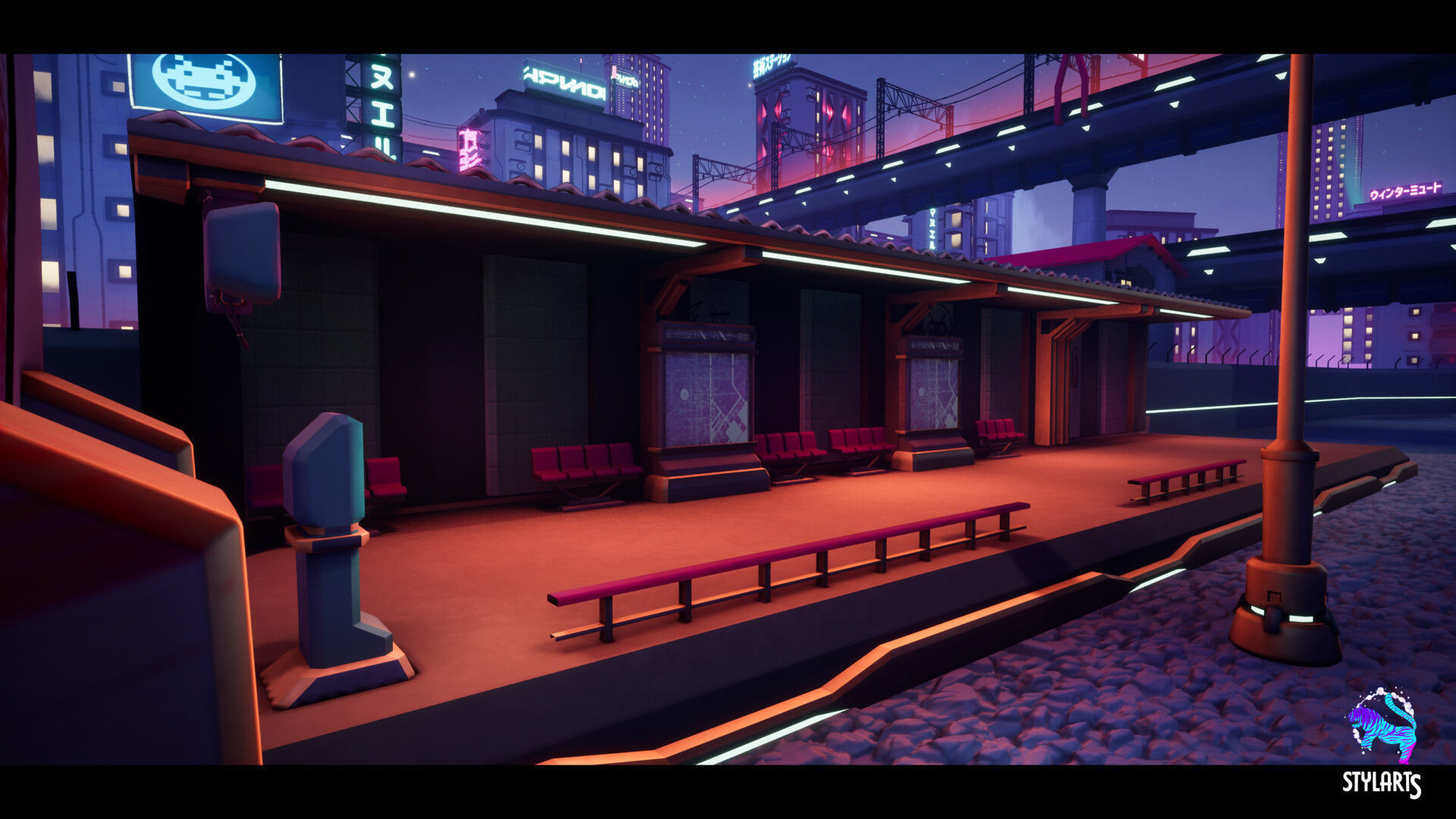 Stylized Cyberpunk Arcade Environment Low-poly 3D model_8