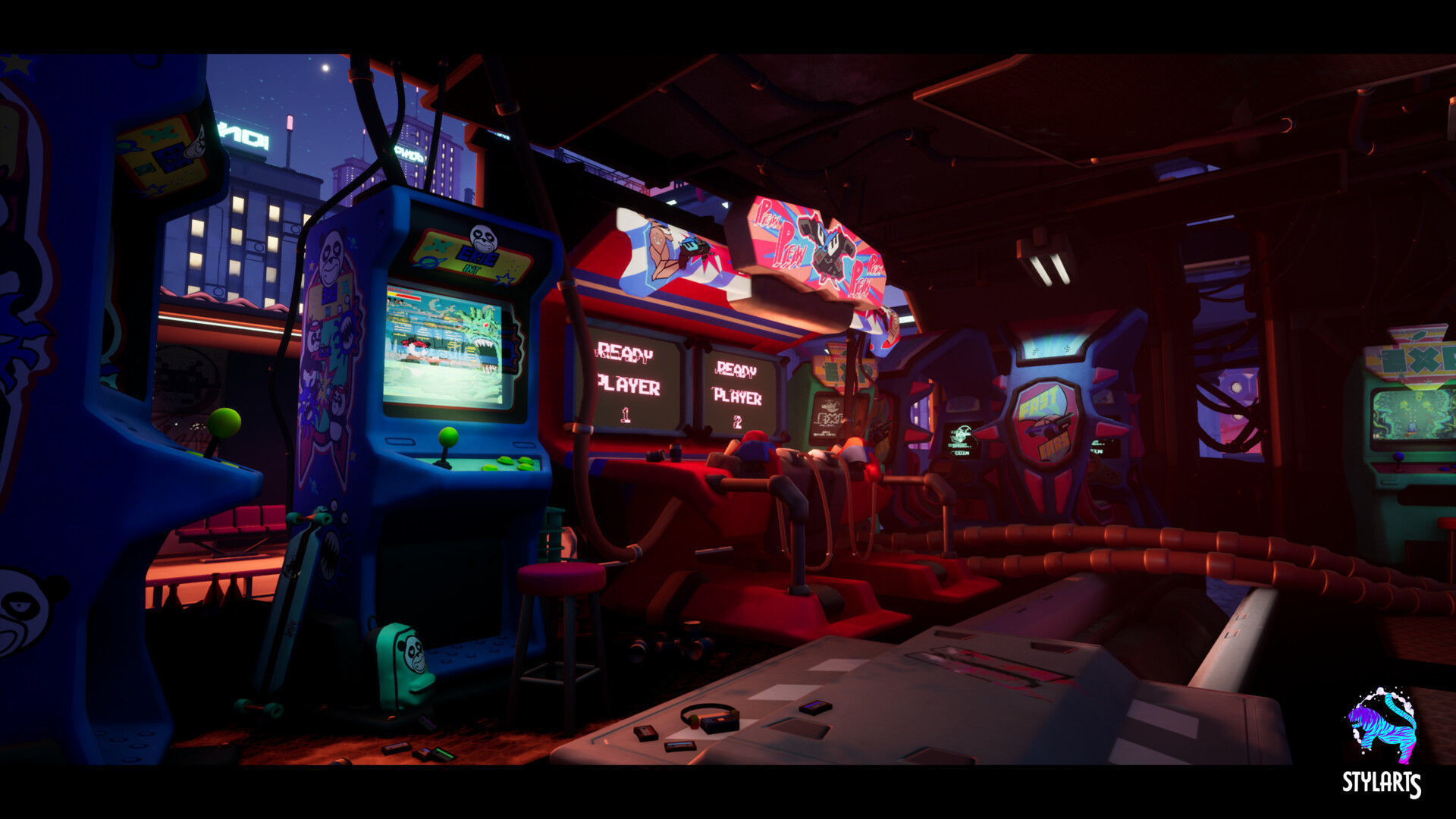 Stylized Cyberpunk Arcade Environment Low-poly 3D model_3