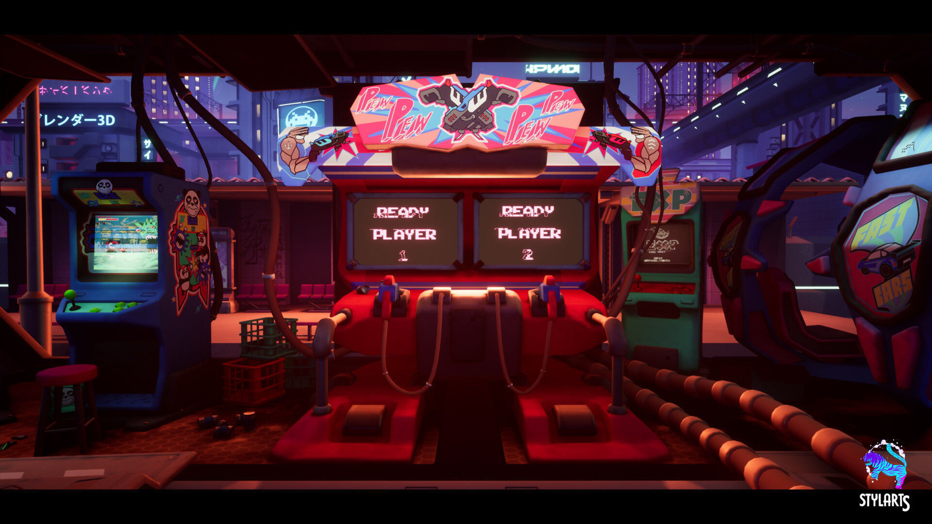 Stylized Cyberpunk Arcade Environment Low-poly 3D model_7