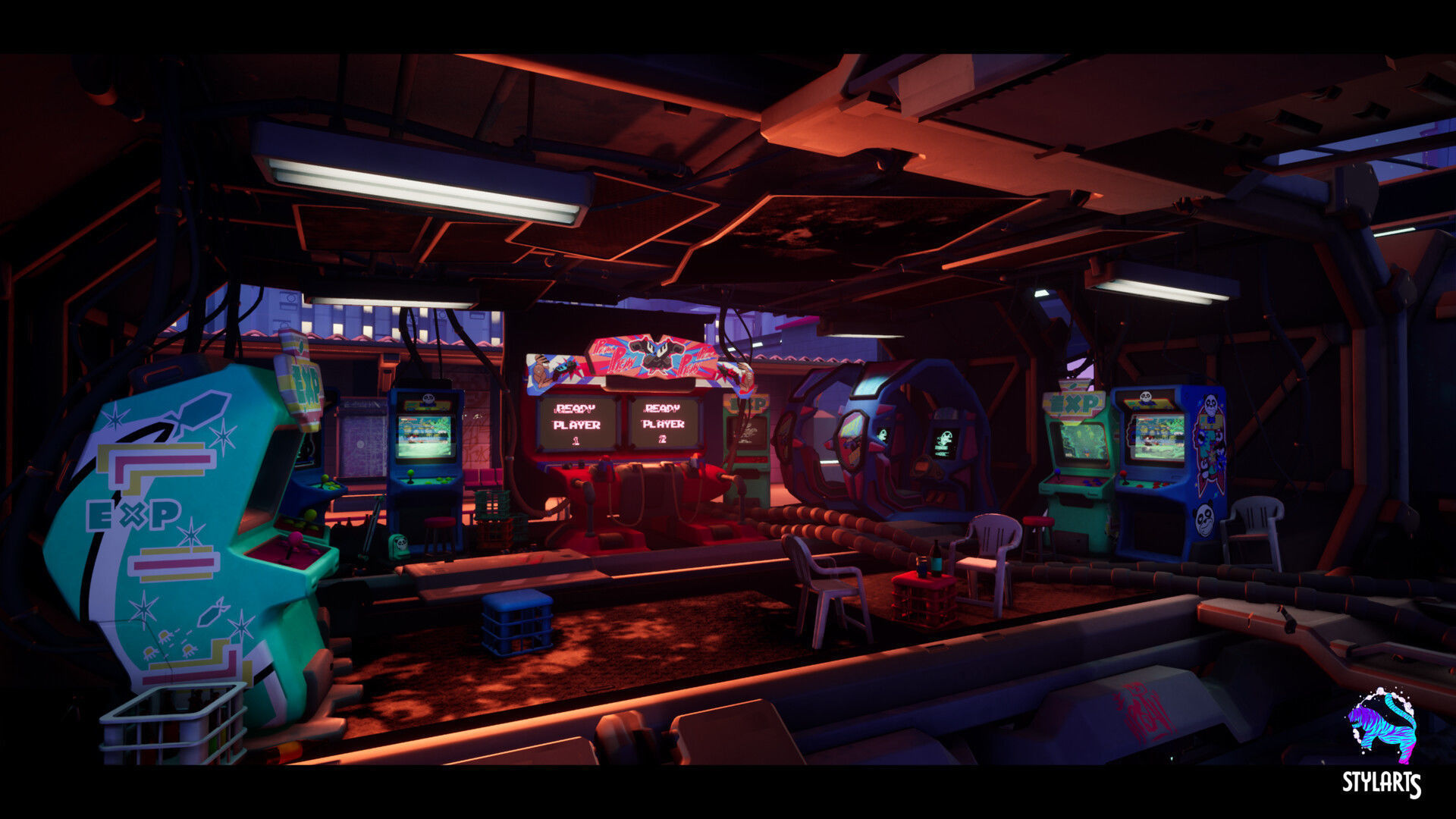 Stylized Cyberpunk Arcade Environment Low-poly 3D model_2