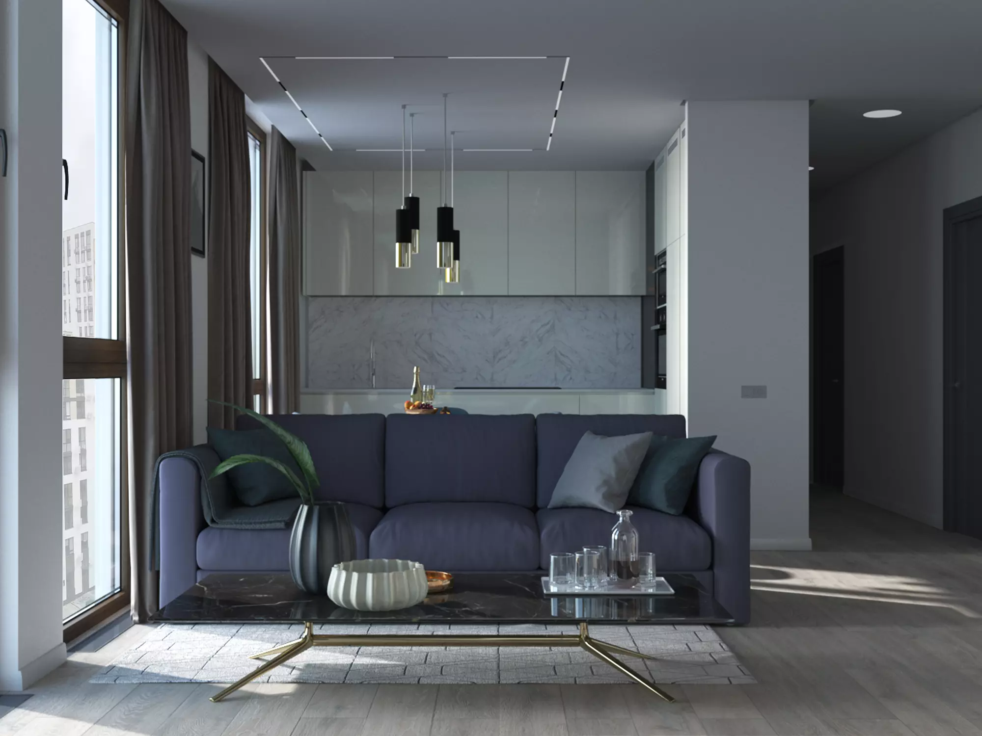 Living room with kitchen 3D model_0