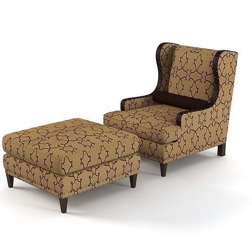 Century Wing Chair Pouf Set 3D model