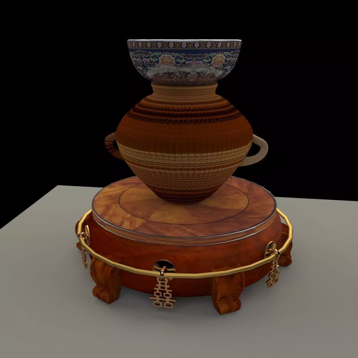 Chinese display stand with bowel and pot 3D model_0