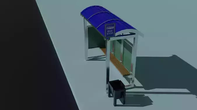 Bus stop 3D model with sign and trashcan