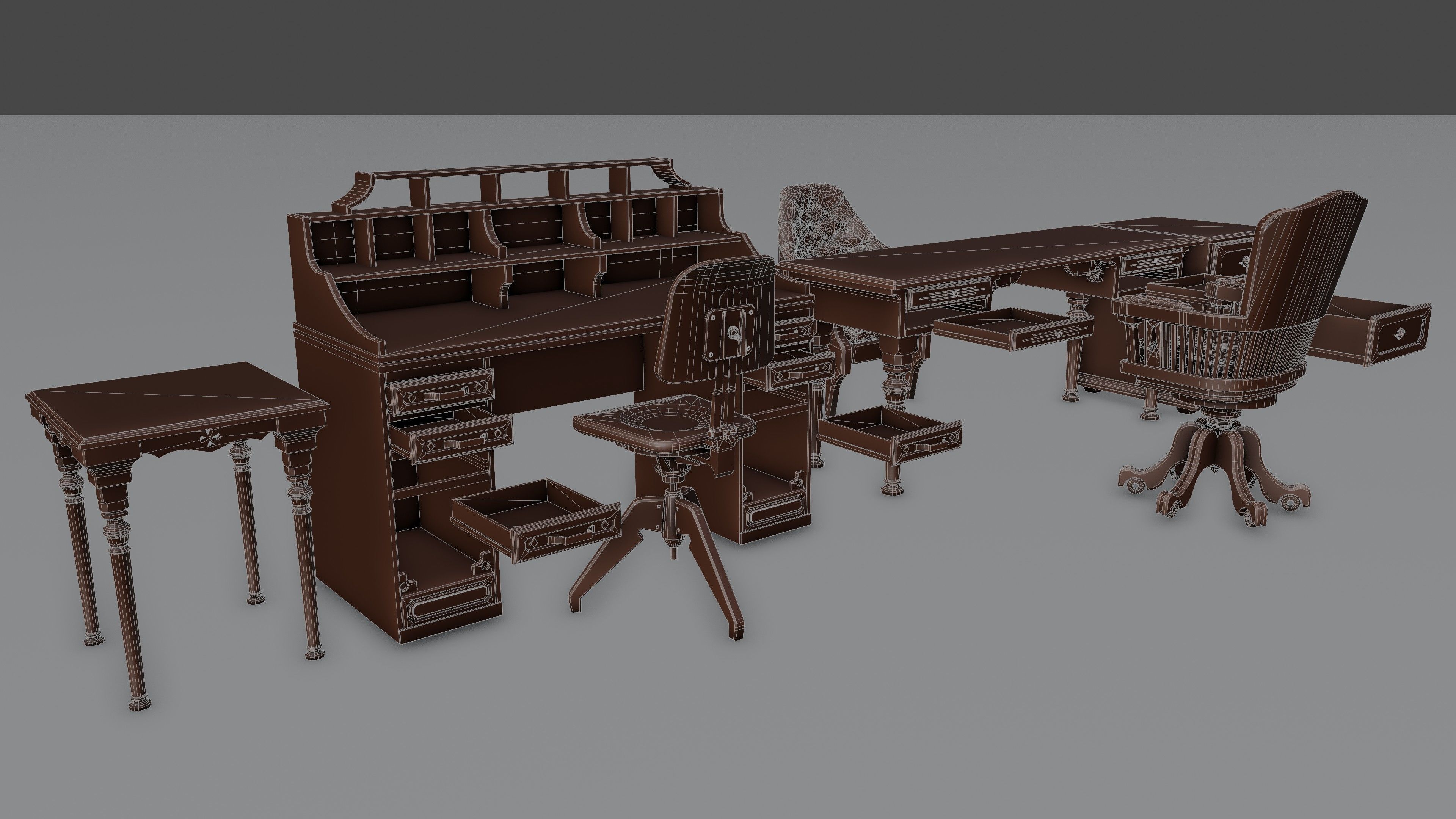 antique office furniture pack Low-poly 3D model_34