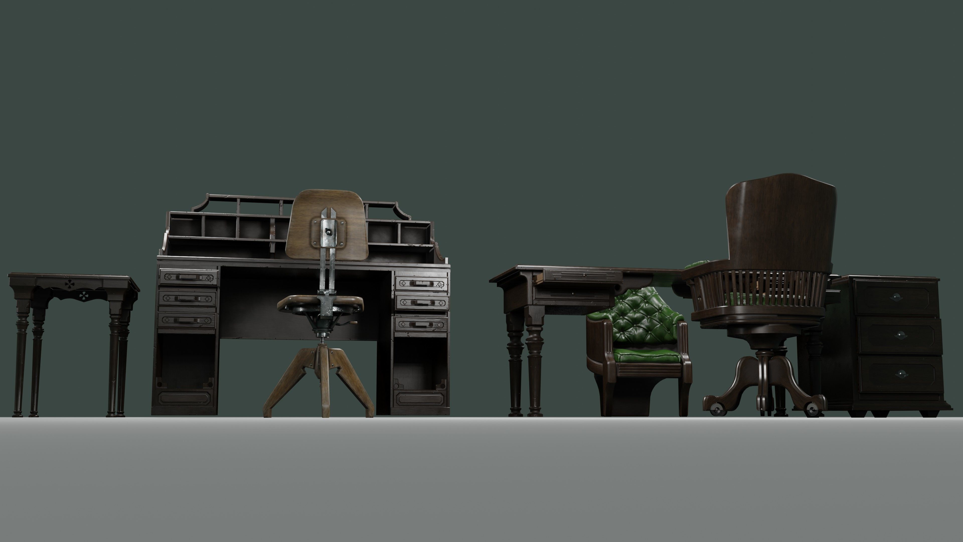 antique office furniture pack Low-poly 3D model_13